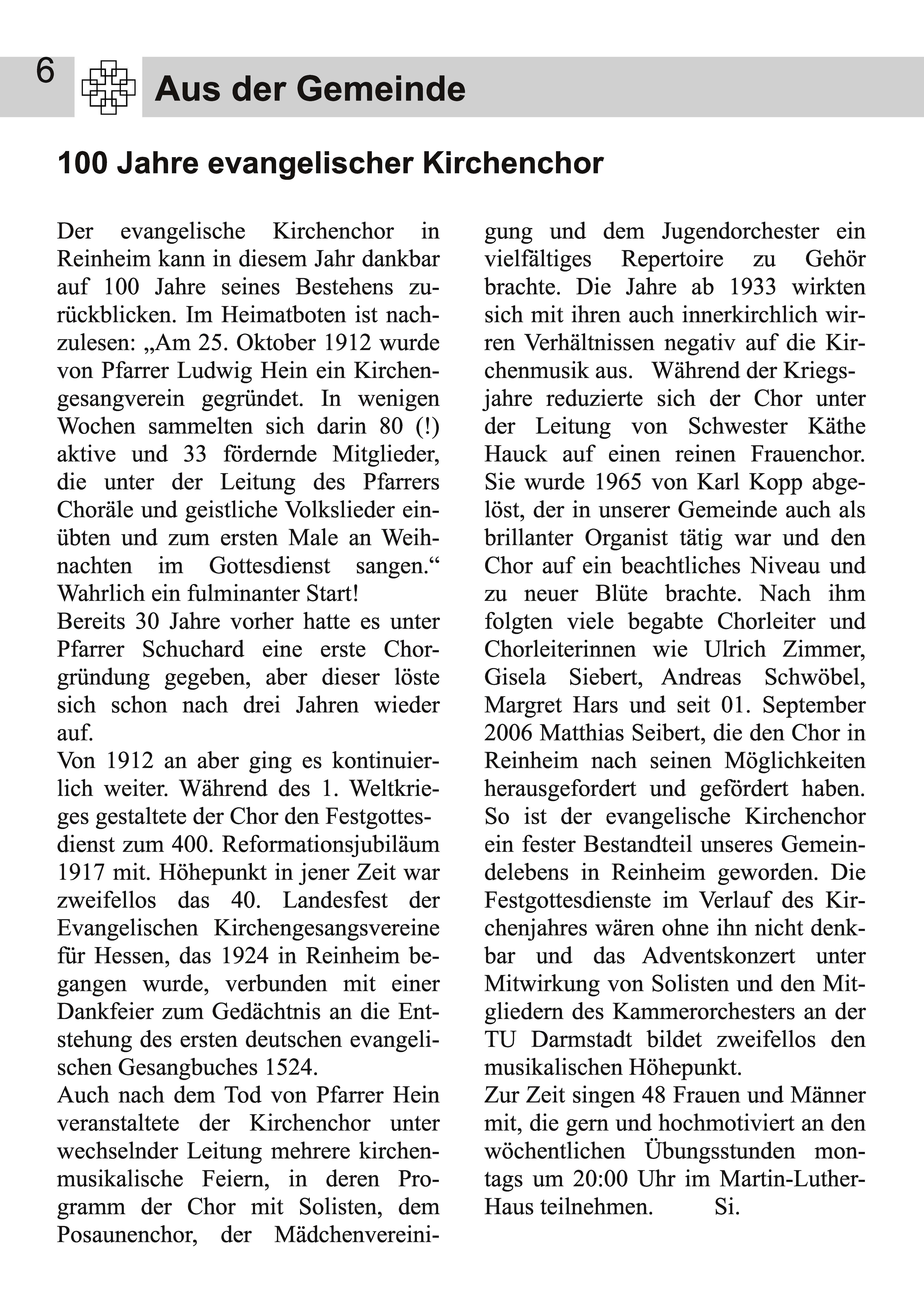 100 Jahre Ev. Kirchenchor Reinheim   GemBr Ostern 2012